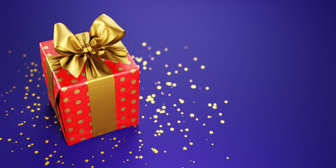 Fototapeta premium Christmas gift decoration on a blue bokeh light background. 3d