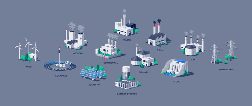 Electric energy power station plants. Sustainable generations. Mix of solar, water, fossil, wind, nuclear, coal, gas, biomass, geothermal, battery storage and grid lines. Renewable pollution resources