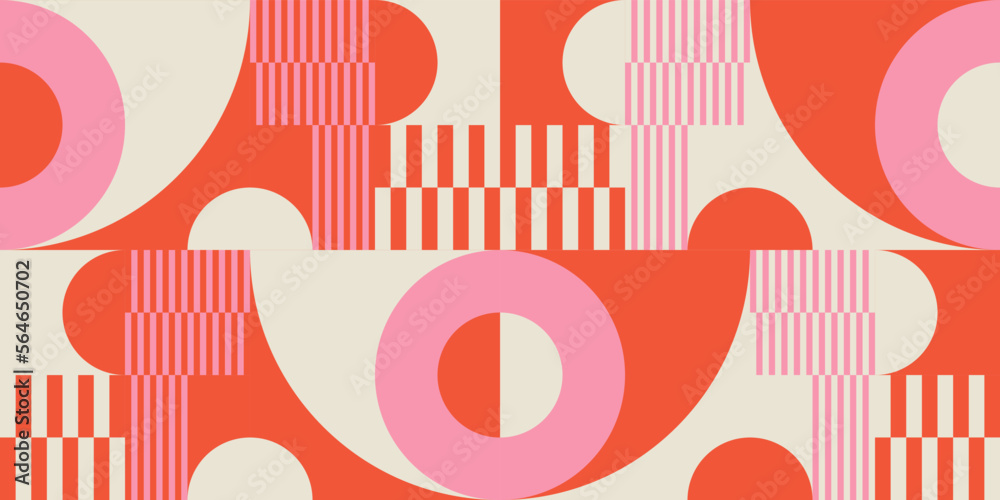 Poster Modern vector abstract  geometric background with circles, rectangles, squares and stripes  in retro Bauhaus style. Pastel colored