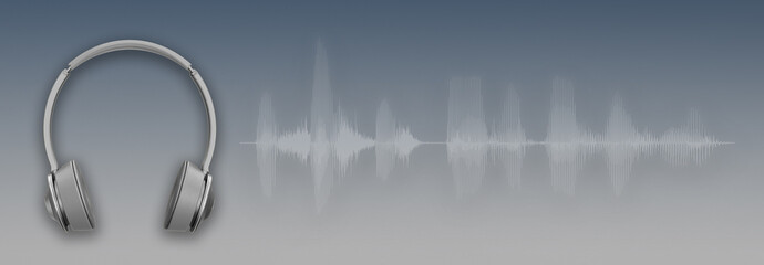 headphones and sound waveform signal on grey background for radio broadcast website banner, music...
