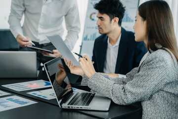 Business meeting account managers crew working search page on computer with new startup project. Idea presentation, analyze plans.