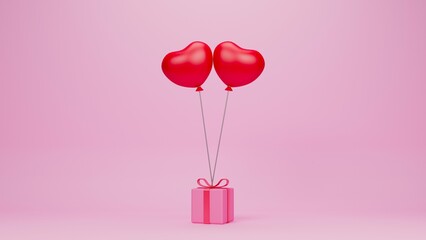 valentine day pink box two red balloons on pink background, 3d render