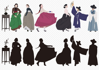 Korean traditional clothes and illustrations where people in traditional clothes pose, people in plain sauce