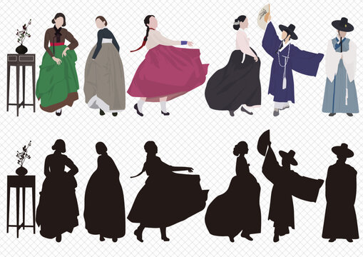 Korean traditional clothes and illustrations where people in traditional clothes pose, people in plain sauce