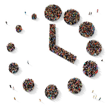 Crowd of people gathered together in the shape of a clock, decreasing in time concept, on transparent background