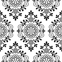 Scandinavian floral folk art vector seamless pattern, cute ornamental design perfect for textile or fabric print in black and white
