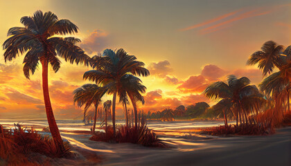 Obraz na płótnie Canvas Beautiful_beach_with_palm_trees_at_sunset
