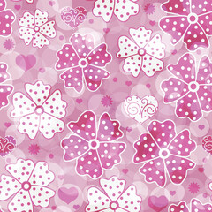 Vector pink seamless pattern with hearts and flowers, bokeh