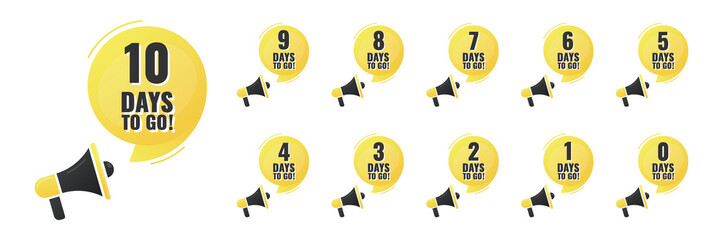 Number 0, 1, 2, 3, 4, 5, 6, 7, 8, 9, 10, of days left to go. Collection badges with megaphone sale, landing page, banner.