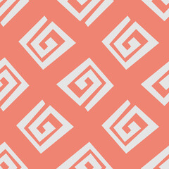 Abstract illustration of ethnic pastel grey geometric spiral pattern in diagonal shapes on pink background