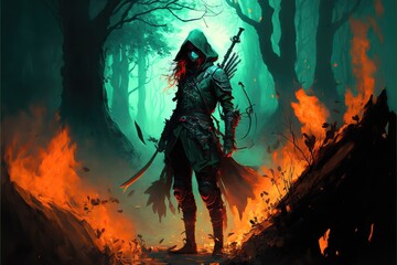 Fototapeta premium a fantasy woman rogue with many weapons in a burning forest, illustration generative ai