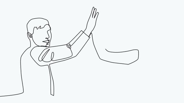 self drawing Continuous line Animation of men giving high fives gesture hands to celebrate success. Business teamwork concept