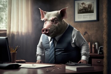 A Bizarre Sight A Pig in a Business Suit Occupying a Chair in an Office Generative AI - obrazy, fototapety, plakaty