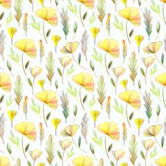 Fototapeta na wymiar Seamless pattern with yellow flowers and leaves. The pencil drawing is made by hand.