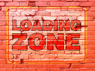 back alley loading zone painted red brick wall worn faded truck industrial sign
