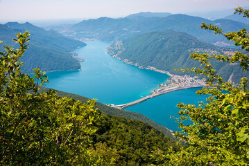 Beautiful mountain lake with a bridge in Switzerland