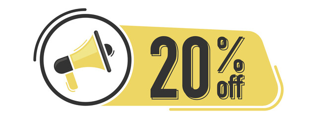 20 percent off discount. Sale promo banner. Megaphone message with text on yellow background. Megaphone banner. Web design.