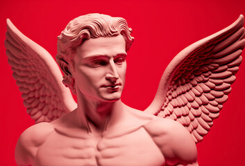 Statue of cupid god of love against a red background. Generative ai