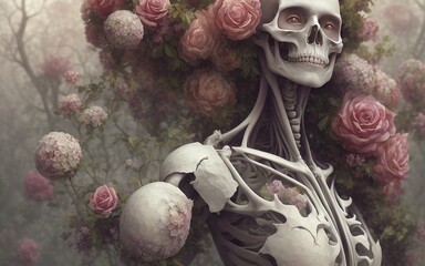 3d illustration of a female skeleton surrounded by flowers, Halloween concept