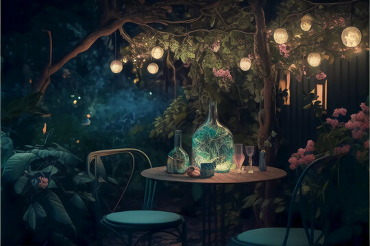 hof, party, beleuchtet, 