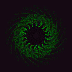 Abstract modern glitch green fractal Circle pattern on black background. Luxury backdrop. Geometric wallpaper. Digital art. Cover design. NFT card. Swirl neon design element for template. Flower. ESG.