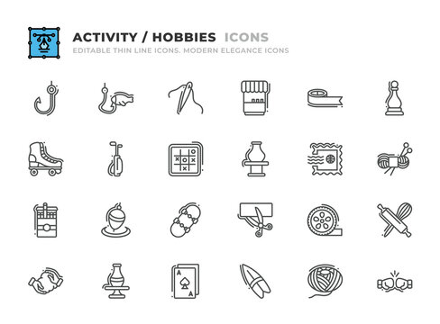 Editable Activity and Hobbie icons set. Thin line outline icons such as  knitting, needle thread, fair, tape, chesspieces, cigarette, fishing float, skateboard, cutting, reel, baking vector