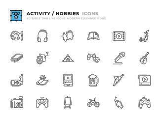 Editable Activity and Hobbie icons set. Thin line outline icons such as movies, lifestyle, camera, gamepad, art, bicycle, book, listen, camping tent, interests, microphone, guitar vector