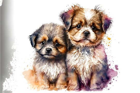 Watercolor illustration of cute little dogs in a white background. Generative AI.