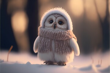 Little cute owl on the snow. Generative AI.