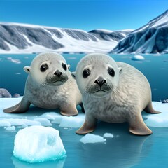 Beautiful and fluffy seal pups on a glacier. Generative AI.