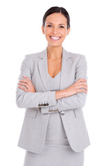 An attractive businesswoman in business attire smiling with her hands folded isolated on a PNG...