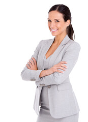 A studio portrait of an attractive businesswoman in business attire isolated on a PNG background.