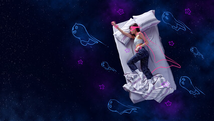 Creative design with line art. Young girl sleeping and dreaming of being superwoman, flying over starry night sky with cute ghosts. Concept of fantasy, artwork, creativity, imagination, relaxation.