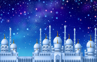 Ramadan Kareem background, illustration with white Mosque, on background with colorful stars