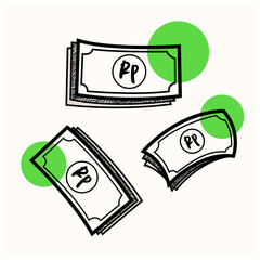 Hand drawn money. Doodle rupiah banknotes and coins vector set. Cash money doodle, coin banknote sketch illustration