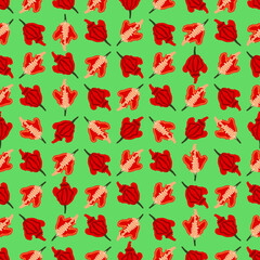 Seamless pattern with Carolina Reaper peppers. HP22B. Capsicum chinense. Superhot chile pepper. Chili pepper. Vegetables. Flat style. Vector illustration isolated on green background.