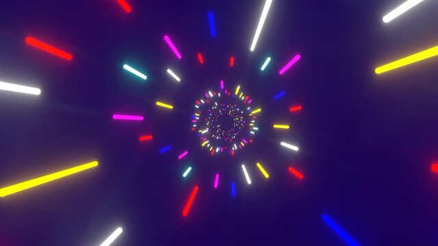 Futuristic 3d video animation of colorful light stick tunnel lights and purple color background
