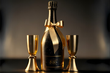 A Glamorous Setting with Golden Champagne Bottle and Two Glasses with Ribbons on Black Bokeh Background. Generative AI