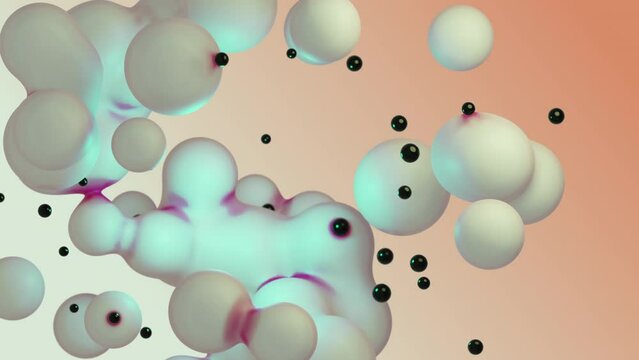 3d render motion design animation cgi white metaball metasphere morph transformation many little pearls black meta balls beads liquid fluid dynamic abstract animated drops bubbles on beige background