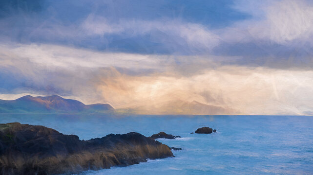 Digital painting of a view of the llyn peninsula from Ynys Llanddwyn on Anglesey, North Wales.