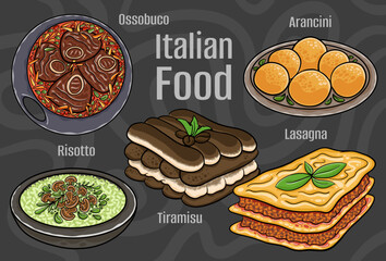Italian food. A set of classic dishes. Cartoon hand drawn illustration.