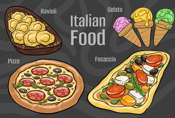 Italian food. A set of classic dishes. Cartoon hand drawn illustration.