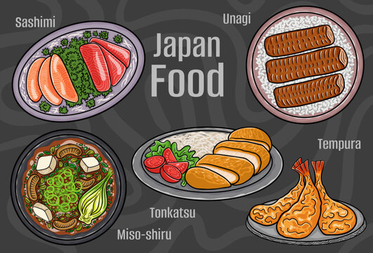 Japan food. A set of classic dishes. Cartoon hand drawn illustration.