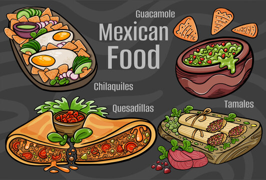 Mexican food. A set of classic dishes. Cartoon hand drawn illustration.