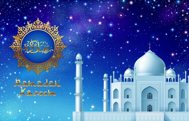 Ramadan kareem background, illustration with Taj Mahal, on background with colorful stars