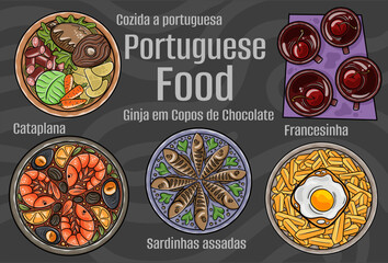 Portuguese food. A set of classic dishes. Cartoon hand drawn illustration.