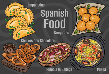 Spanish food. A set of classic dishes. Cartoon hand drawn illustration.