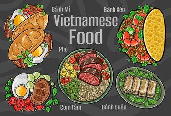 Vietnamese food. A set of classic dishes. Cartoon hand drawn illustration. - obrazy, fototapety, plakaty