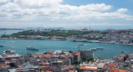 Naklejka na ściany i meble View from the roof of the Bosphorus Strait with ships and a mosque. Summer panoramic landscape in Istanbul, Turkey