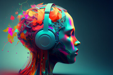 Creative music background. Colorful head wearing headphones on bright background. Sound inspiration and emotions. Created with Generative AI